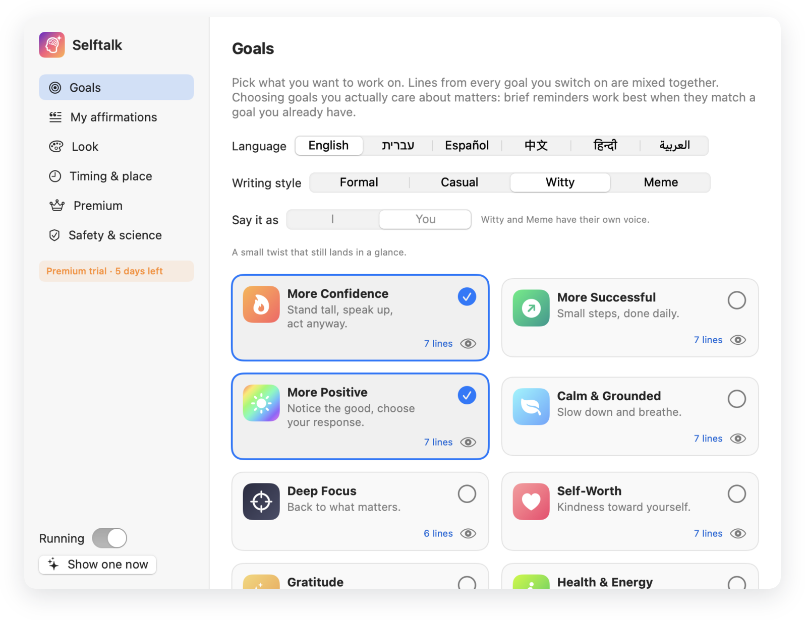 The Selftalk settings window: choose a language, a writing style and the goals you care about